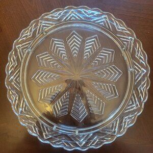 Vintage Clear Glass Serving Plate With Geometric Starburst Design